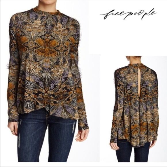 Free People New World Nouveau Boho Jersey Top  Blouse Sz XS - Picture 1 of 8